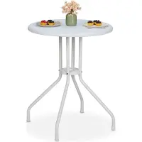 Relaxdays Table de jardin , H x P : 73 x 60 cm, aspect rotin, plastique et acier, table de salle à manger d'extérieur, table ronde de balcon, blanche