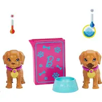 Barbie Poupée Pup Adoption et coffret d'accessoires avec cage de transport à changement de couleur pour 2 animaux et 10 accessoires. Poupée brune