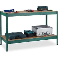 Relaxdays Établi , 600 kg, H x l x P : 91 x 141 x 61 cm, 2 niveaux réglables, table de travail, acier et MDF, étagère d'atelier, vert
