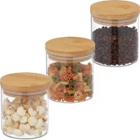 Relaxdays Bocaux de conservation avec couvercle en bambou, lot de 3, petits bocaux en verre, 500 ml, hermétiques, transparents/naturels