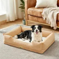 Bingopaw WISFOR Lit pour chien, canapé pour chien, coussin pour chien, bords surélevés, housse imperméable et lavable, amovible, XL : 105 x 75,5 x 21 cm, beige