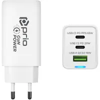 Prio Chargeur mural GaN Power 65W PD PPS (USB C) + QC 3.0 (USB A) blanc