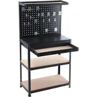 Relaxdays Établi , dimensions : 156 x 81 x 41 cm, 3 niveaux, avec tiroir, panneau perforé et accessoires, acier et MDF, étagère d'atelier, noir