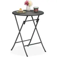 Relaxdays Table de jardin aspect rotin, ronde, H x P : 75 x 60 cm, table de balcon, plastique et métal, table d'extérieur, grise