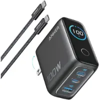 Anker Chargeur (100 W, 3 ports, écran intelligent, câble USB-C), gris foncé