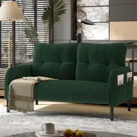 MODFU Canapé Droit Fixe - 2 Places Velours Côtelé Accoudoirs et Dossier Coussins Émeraude