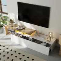OKWISH Meuble TV / lowboard avec rangement pratique et étagères en verre, buffet laqué blanc brillant avec LED – blanc + naturel
