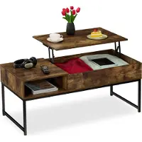 Relaxdays Table basse pliable , dimensions : 45 x 110 x 50 cm, compartiment latéral, table de salon avec espace de rangement, aspect bois et métal, marron