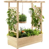 Costway Jardinière surélevée avec treillis et toit suspendu, bac à fleurs, bac à plantes pour plantes grimpantes, paniers suspendus nature
