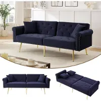 Merax Canapé-lit 2 places avec fonction couchage et dossier réglable, revêtement en velours et pieds en métal doré – Coussins et espace de rangement inclus, bleu