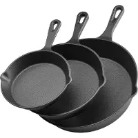 Vevor Set de poêles en fonte (160 / 220 / 265 mm), poêles haute performance avec poignée résistante à la chaleur, poêle de cuisson, batterie de cuisine, adaptée au four, gaz, électrique, noir