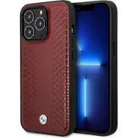 BMW Étui en cuir à motif diamant bordeaux pour iPhone 14 Pro Max