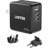 UNITEK Chargeur GAN. PD 65 W, 2 ports USB-C. USB-A de voyage