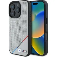 BMW M Perforated Tricolor Line Magsafe Case pour Iphone 16 Pro - Gris