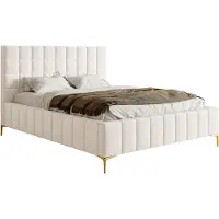 Selsey Szejlo - Lit rembourré avec sommier à lattes et coffre de lit, housse chenille crème, 140 cm