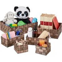 Relaxdays Panier de rangement , lot de 6, 4 tailles, paniers aspect bois, tressés, pour armoires et étagères, en plastique, marron