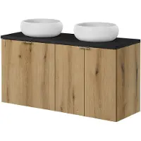En.casa Plan de toilette 'Skelbolu' avec 2 vasques rondes en céramique et 4 portes 120 x 72 x 40 cm imitation chêne / noir