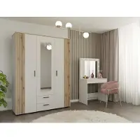 Ava Armoire 150 Cm Miroir 2 Tiroirs Façade Cannelée Chêne Evoke Cashmere Beige