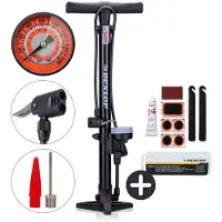 Dunlop Pompe à vélo avec manomètre et kit de réparation 9 pièces - Kit d'outils pour vélo avec kit de réparation et démonte-pneu - Compatible avec les valves Presta, et Schrader - Noir