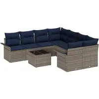 vidaXL Ensemble de canapé de jardin , 9 pièces, gris et bleu marine, en polyrotin