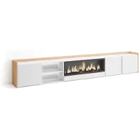 Skraut Home PULLER Meuble tv effet bois blanc et chêne 315x35x50cm cheminée effet feu XXL