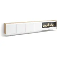 Skraut Home Meuble tv effet bois blanc et chêne 315x35x50cm cheminée effet feu XXL