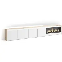 Skraut Home PULLER Meuble tv effet bois blanc et chêne 315x35x50cm cheminée effet feu XXL