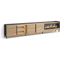 Skraut Home PULLER Meuble tv effet bois de chêne et noir 315x35x61cm cheminée effet feu