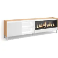 Skraut Home PULLER Meuble tv effet bois blanc et chêne 212x35x61cm cheminée effet feu XXL