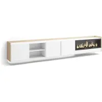 Skraut Home PULLER Meuble tv effet bois blanc et chêne 315x35x50cm cheminée effet feu XXL