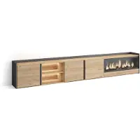 Skraut Home Meuble tv effet bois de chêne et noir 315x35x50cm cheminée effet feu