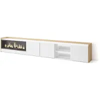 Skraut Home Meuble tv effet bois blanc et chêne 315x35x50cm cheminée effet feu XXL