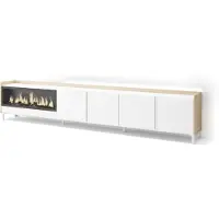 Skraut Home Meuble tv effet bois blanc et chêne 315x35x61cm cheminée effet feu XXL