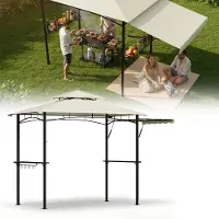 JOIEYOU Pavillon de jardin avec auvent latéral et double toit, tente-barbecue avec structure métallique, protection UV, beige, 245 x 141 x 253 cm
