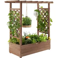 Costway Jardinière surélevée avec treillis et toit suspendu, bac à fleurs, bac à plantes pour plantes grimpantes, paniers suspendus Marron