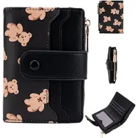 OEM Portefeuille pour femme noir avec protection RFID, au design contemporain, doté de plusieurs compartiments et d'un motif en relief représentant un ours