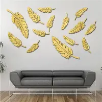 OEM Autocollants muraux en acrylique 3D, miroirs, 15 pièces, grande taille, motifs de feuilles, style artistique, couleur or