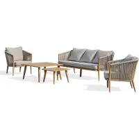 DCB Groupe Salon de jardin bas en aluminium imitation bois et corde tissée