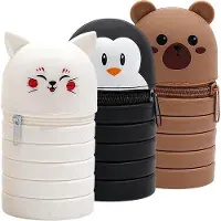 OEM Étui à crayons en silicone 2-en-1 pour étudiants - Pingouin, chat et ours - Noir, blanc et marron.