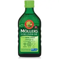 Mollers Huile de foie de morue oméga 3, vitamines A-D-E, arôme de pomme verte, 250 ml,