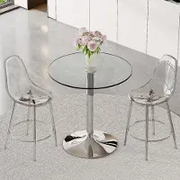 SUCCESS COURIER Ensemble de bar, table ronde en verre de 89 cm + 2 tabourets de bar transparents, pieds argentés, design suspendu