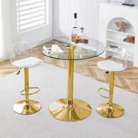 SUCCESS COURIER Ensemble de bar, table ronde en verre de 89 cm + 2 tabourets de bar réglables en hauteur, pieds dorés, pivotants