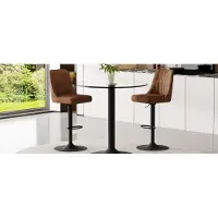 SUCCESS COURIER Ensemble de bar, table ronde en verre de 89 cm + 2 tabourets de bar pivotants, tissu technique marron, métal noir