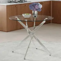 SUCCESS COURIER Table à manger ronde de 88 cm, en verre trempé, avec piètement en métal argenté, au design t épuré