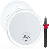 OEM Miroir de maquillage rond à trois faces avec effet grossissant, 10 cm, 3 poignées pivotantes et échelle graduée intégrée.