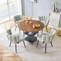 SUCCESS COURIER Ensemble table et chaises, table de salle à manger ronde de 107 cm aspect noyer avec double tablette + 4 chaises de salle à manger beige clair