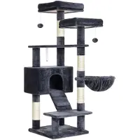 OEM Arbre à chat Rootz à plusieurs niveaux - Grattoir - Tour à niches - Plateformes surélevées - 50 cm x 45 cm x 142 cm - Gris fumé - Panneaux de particules recouverts de sisal moelleux - 14 kg