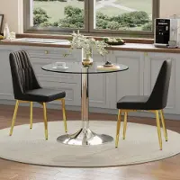Ninkear Ensemble de table et chaises : table en verre (diamètre 85 cm), 2 chaises en polyuréthane, pieds dorés (coloris noir et or, ou argent)