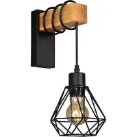 Alpinaluz Applique murale vintage en bois naturel avec abat-jour en forme de cage noire et douille E27 pour le salon ou le couloir