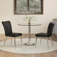 Ninkear Ensemble de table et chaises : table en verre (diamètre 85 cm), 2 chaises en polyuréthane, pieds argentés (noir et argent)